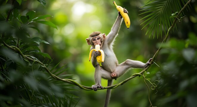 Animated Monkey Swinging with Banana Vector
A colorful vector graphic featuring an animated young monkey swinging from a vine and eating a banana in a tropical jungle. This cartoon illustration 