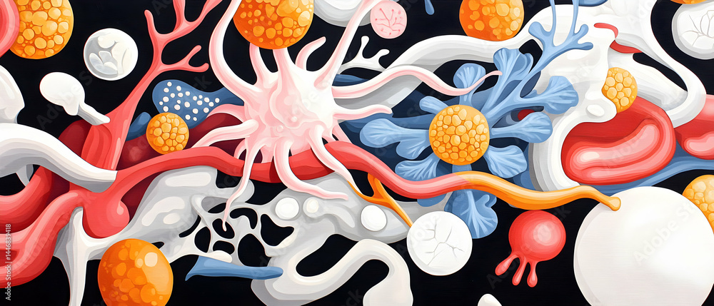 Poster abstract artwork showcasing cellular structures and organic shapes with vibrant colors and textured 