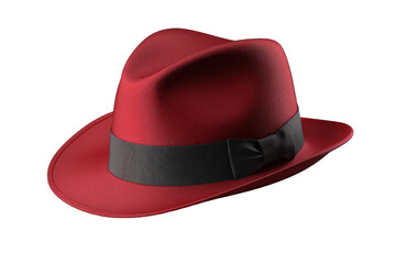 Vibrant, crimson fedora hat with a dark band, presented on a dark backdrop, showcasing a meticulous design.