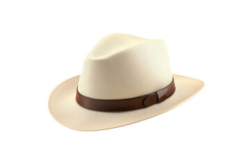 Light beige straw fedora with a brown leather band is featured in a  shot.