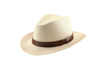 Light beige straw fedora with a brown leather band is featured in a  shot.