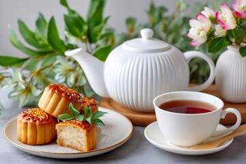 Fototapeta premium Celebrating mid-autumn festival with mooncakes and tea