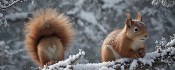 Fluffy red squirrel nestled in snowy branches, snowflakes dusting its fur ,  winter wonderland,  mammal