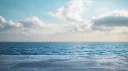 Obraz premium Empty round stone table top on sea background. Mock up,