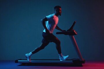 Man sprinting on treadmill, dynamic pose, isolated
