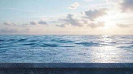 Empty round stone table top on sea background. Mock up,
