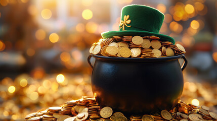 A black cauldron overflowing with gold coins, topped with a green leprechaun hat, amidst a pile of coins.  Warm, festive lighting suggests a celebration