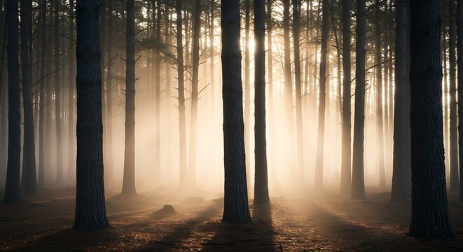 A mysterious foggy forest at dawn, with tall pine trees disappearing into the mist.