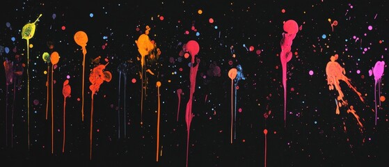 Vibrant paint splashes and ink splatters. Spray and splash effects of colorful ink. Spray paint elements on a black background. A collection of multicolored ink drips and blots, isolated