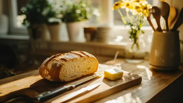 Freshly baked loaf of artisan bread on a wooden cutting board with butter and a knife. Sunlight streams into a kitchen with plants and flowers