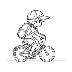 Cute Boy Riding Bicycle with Backpack Coloring Page Illustration