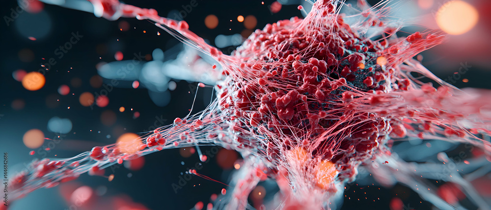 Poster microscopic image of a complex biological structure resembling a cancer cell. suitable for scientifi