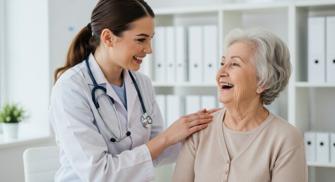 Healthcare provider supports elderly patient medical office image of compassion bright environment close-up view holistic care concept