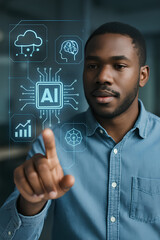 A realistic AI-generated illustration of a young African man using a holographic interface featuring artificial intelligence, cloud technology, and data analytics icons.