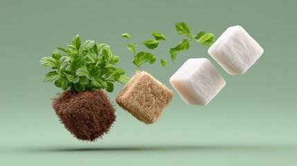 Closeup view of biodegradable packaging materials breaking down and dissolving into the rich fertile soil alongside fresh green leaves