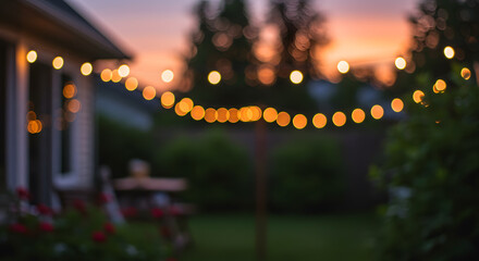 Warm Sunset Glow: Bokeh String Lights Illuminate Backyard Gathering