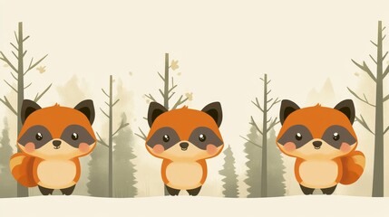 Fototapeta premium Three adorable cartoon raccoons in a forest scene.