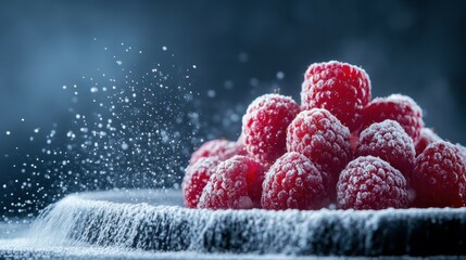 A visually captivating dessert with vibrant raspberries, dusted with sugar against a dark background, emanating luxury and indulgence