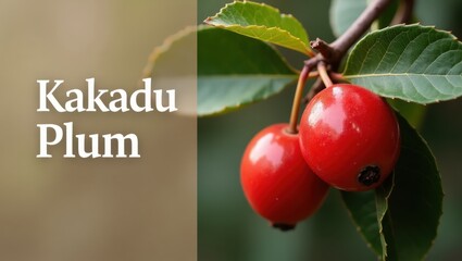 Kakadu Plum. Arbutin Hawthorn supplement Urolithin a Churna nature-based Meru Health Sadhguru app Melearn Aidash Bright red fruits hanging on green leafy branch, natural wild Australian bush food, cl