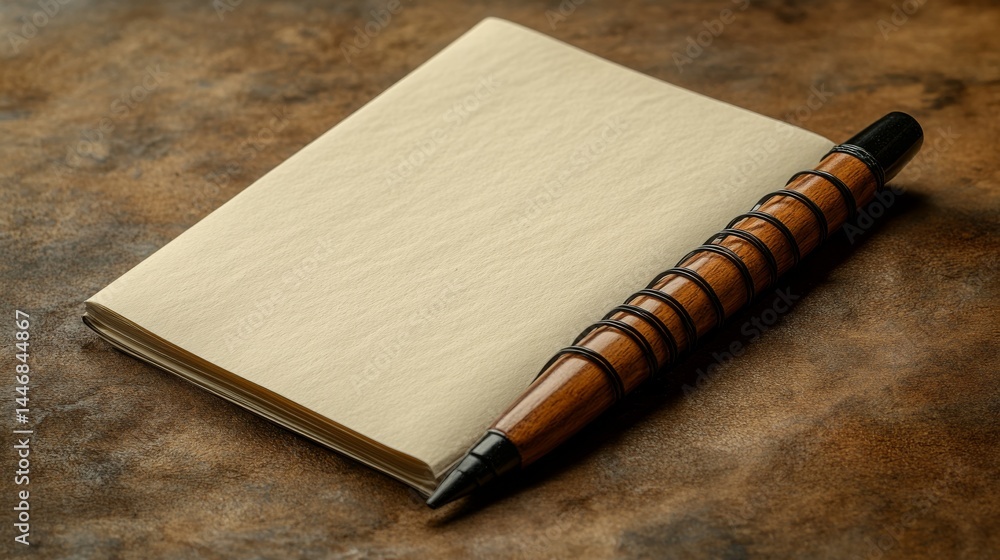 Poster rustic notebook and stylus, ready for storytelling and journaling on a textured surface, inspiring c