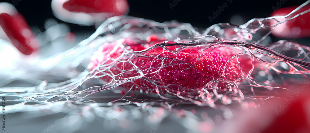 Poster this image depicts a close-up view of a biological structure possibly cells or tissues. it could be 