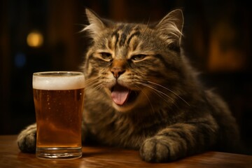 a drunken cat drinking beer in a bar