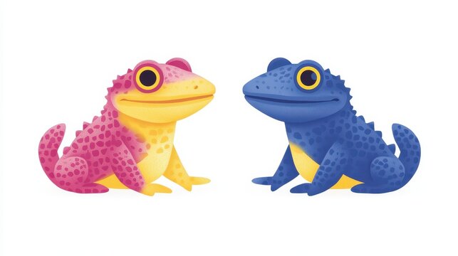Two playful pixelated toadlets in contrasting vibrant colors creating a quirky charm with retro aesthetic and minimalist backdrop for design compositions