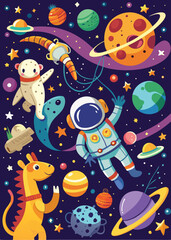 Playful Cosmic Adventure Featuring Cute Astronaut Floating in Space – Fun Outer Space Vector Illustration with Planets and Stars