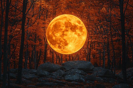 Huge orange moon over autumn forest