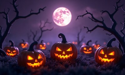 Moonlit field of uncarved pumpkins with twisted vines, mist swirling between them under purple night sky.