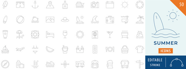Summer icon collection set. Containing beach, sea, holiday, travel, palm, and more. Editable Stroke Line. 