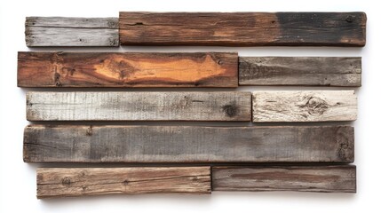 A collection of various aged wooden planks in different tones of brown, gray, and orange, arranged on a white background