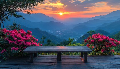 Obraz premium Mountain sunset view bench