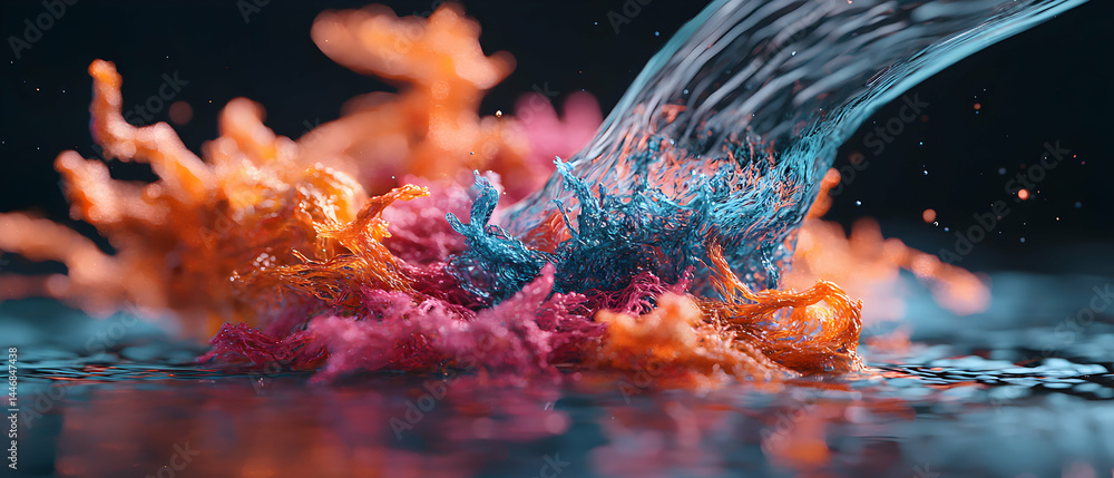 Poster abstract artwork of water interacting with colorful textured forms creating a captivating visual. us
