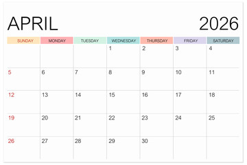 Calendar April 2026 page isolated on white background, Save clipping path.