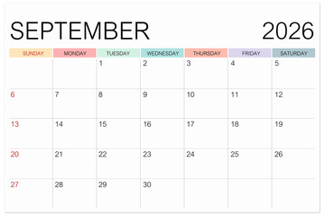 Calendar September 2026 page isolated on white background, Save clipping path.