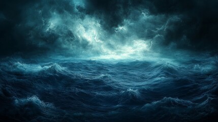 Dark Blue Ocean Waves Under a Stormy Night Sky
