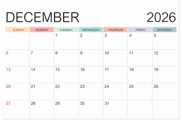 Calendar December 2026 page isolated on white background, Save clipping path.
