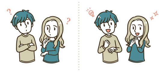 悩む男女と解決する男女のセット｜ひらめき・問題解決・会話のシーン