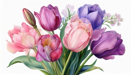 Fototapeta premium Beautifu pinkl flowers on isolated white background, iris, tulip, hyacinth, green leaves, w