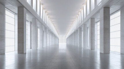 Modern, minimalist hall with columns and large windows.  Spacious, bright, and clean interior