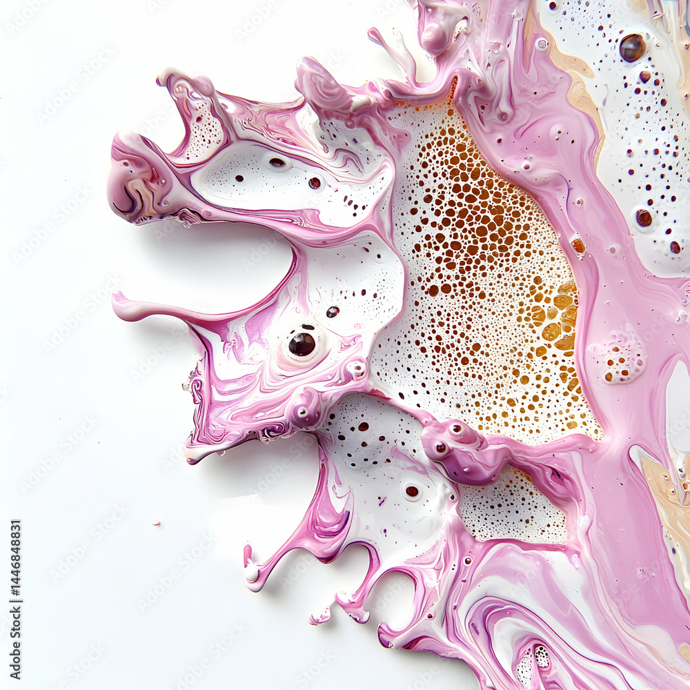Poster abstract paint art with swirling pinks whites and gold. create fluid art designs using this pattern 