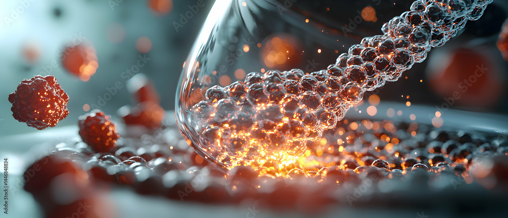 Poster abstract scientific imagery showing molecular structures flowing from a glass container. could be us