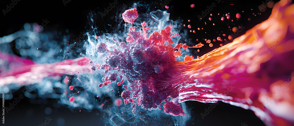 Poster abstract artistic rendering of a virus or cell-like form interacting with fluid dynamics. suggests s
