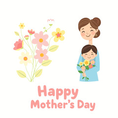 Joyful Mother and Child with Spring Flower Bouquet, Happy Mother's Day Card