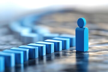 Conceptual business domino effect stopped by a blue leader figure, symbolic 3D scene, photorealistic detail