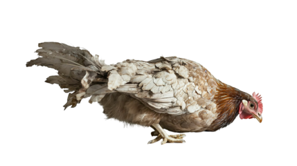 Chicken in studio on patterned flooring looking at camera