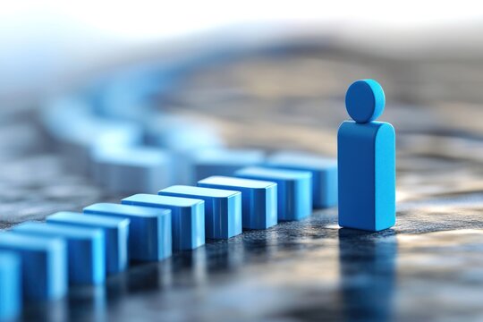 Conceptual business domino effect stopped by a blue leader figure, symbolic 3D scene, photorealistic detail