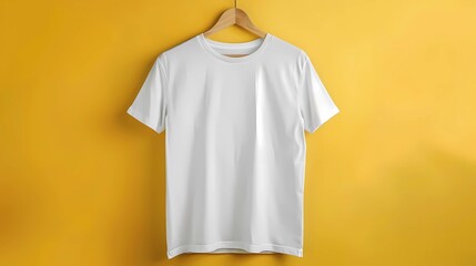Product mockup photography men stylish,  hanging fashion white solid color bella canvas cotton t-shirt positioned for mockup design, showcasing, Generative AI illustrations.
