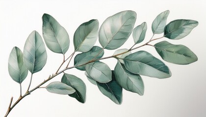 branch, leaves of eucalyptus, watercolor painting, hand drawing illustration, silver leaf-